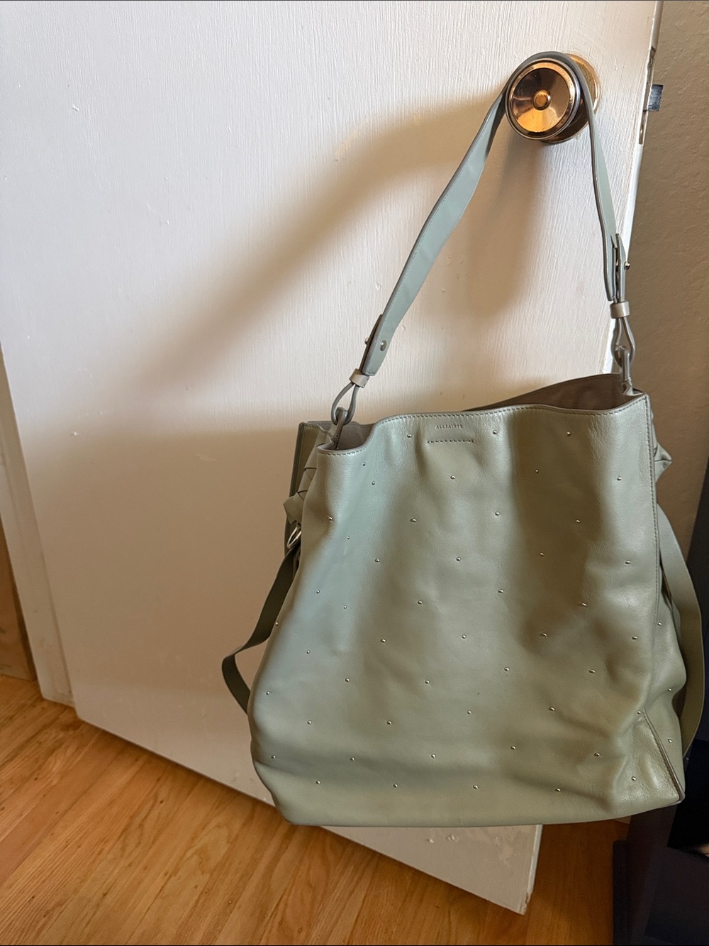 All Saints: Elegant Soft Green Studded Hobo Shoulder Bag
